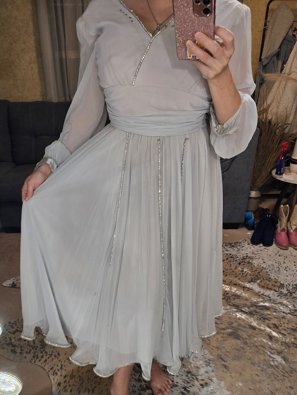 Custom Ursula of Switzerland Pale Gray Gown/ Dress with Beaded Trim